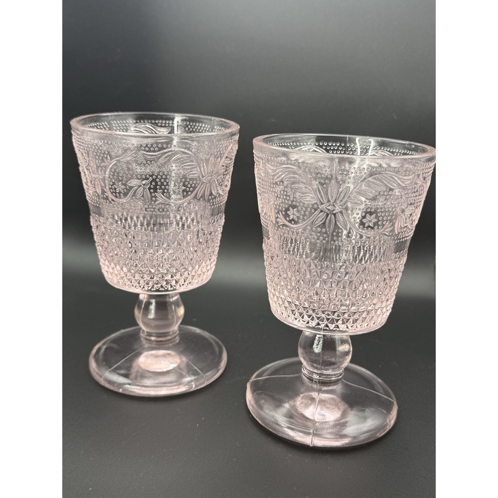 Lot 2 Vtg 5 1/2" Tiara Pink Glass Sandwich Water Wine Goblets Indiana Glass GUC